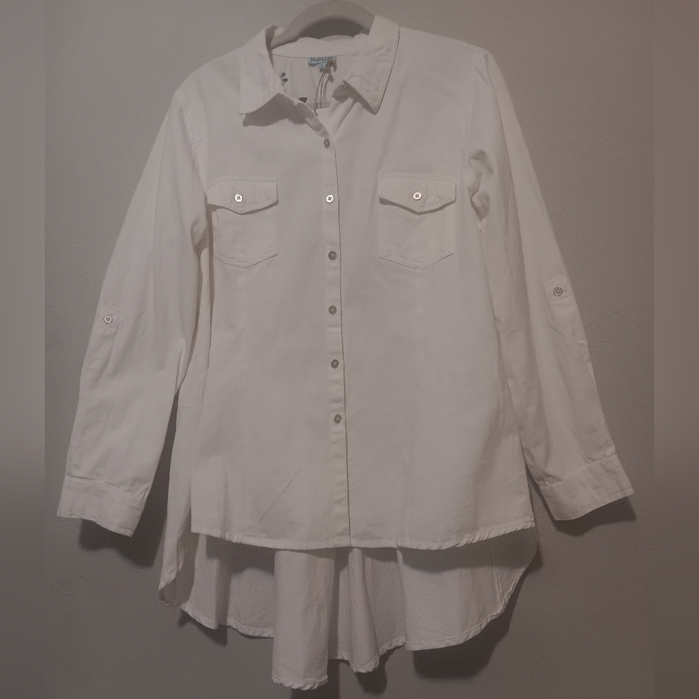 Boho Embroidered Top Floral Denim Women White SzL‎ High-Low - Picture 5 of 15